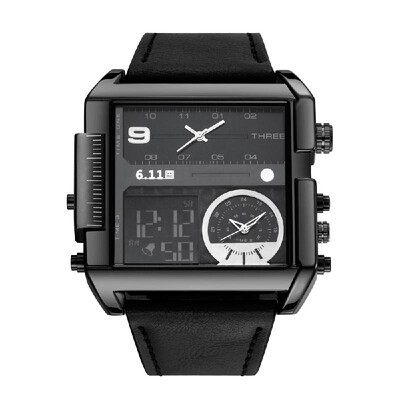 

611 Men Leather Band Rectangle Dial Analog Quartz Watches 3 Time Zones Waterproof Electronic Wristwatch