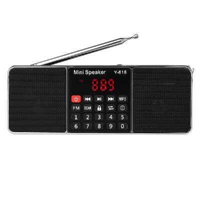 

Y-618 Mini FM Radio Digital Portable Dual 3W Stereo Speaker MP3 Audio Player High Fidelity Sound Quality w 2 Inch Display Screen
