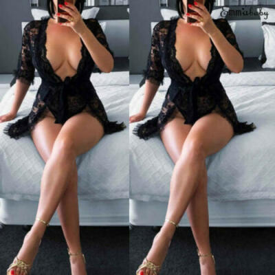 

Sexy Lingerie Sheer Eyelash Lace Babydoll Chemise Gowns Bathing Robe Set