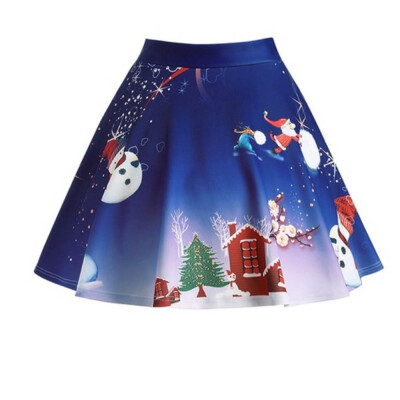 

Roseonmyhand Women Christmas Santa 3D Print Flare Elastic High Waist Cosplay Ball Gown Skirt