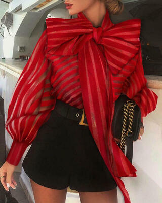 

Women Mesh Puff Sheer Sleeve Bow tie Neck Tops Work Party Casual Blouse Shirts