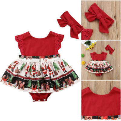 

2Pcs Set Newborn Toddler Baby Girls Xmas Christmas Romper DressHeadband Outfits