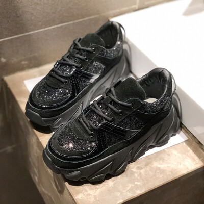 

Spring 2005 sequins Hong Kong flavor retro shoes womens soil black thick bottom sneakers women ins tide Joker