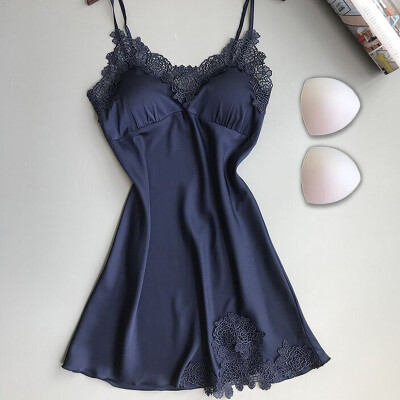 

Womens Sexy Lace Solid Padded Spaghetti Strap Nightwear Lingerie A-line Dress