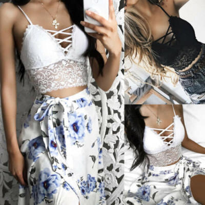 

Bandage Floral Lace Halter Bralette Lined Bra No Pad Crop Top V Neck Black White