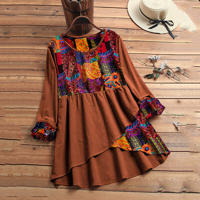 

Tailored Women Plis Size Ethnic Print Patchwork Irregular Long Sleeve Vintage Top Blouse