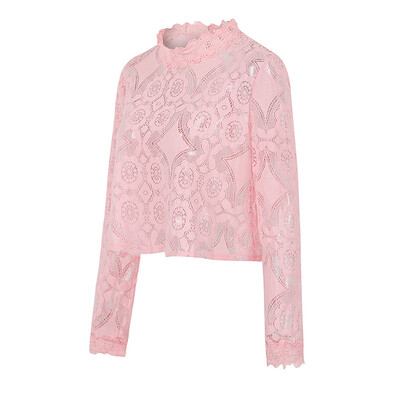

Women Cover Up See Through Floral Lace Hollow Out High Neckline Long Sleeve Sexy Beach Blouse