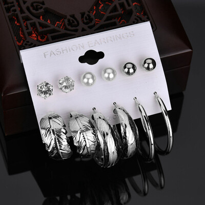 

6 Pairs Women\ Fashion Trendy Personal Earring Set Leaf Ring Diamond Earrin