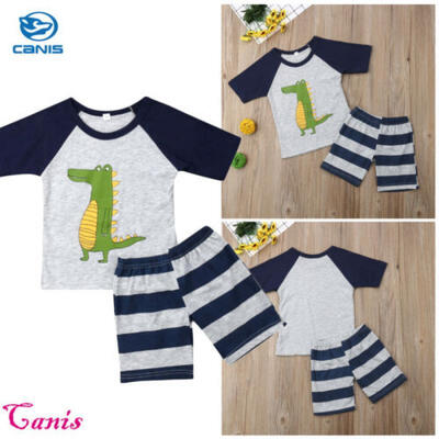 

UK Kids Baby Boy Dinosaur Short Sleeve Top Striped Shorts Sunsuit Outfits Casual