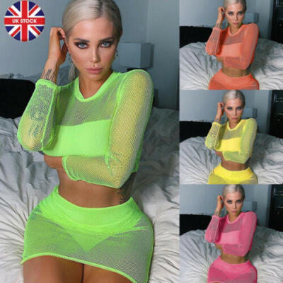 

Sexy Women 2PC Sheer Mesh Club Outfits Long Sleeve TopMini Skirt Bodycon HOT UK