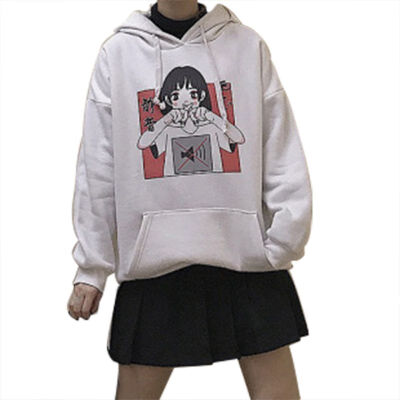 

Hoody Korean Style Cartoon Print Womens Hooded Pullover Sweet Cute Long-sleeved Plus Size Casual Thicken Hoodie Black White