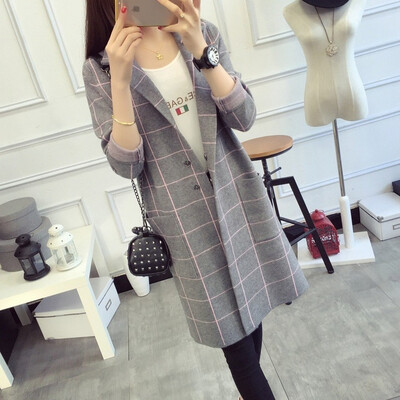 

Womens overcoat womens 2018 autumn wear womens suit with plaid knitted cardigan womens long&slim one-piece sweater coat