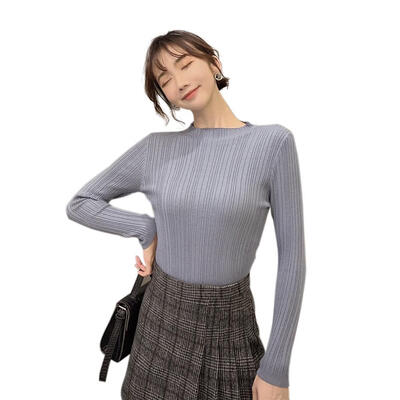 

Solid Color Knitted Sweater Elastic Women Long Sleeve Slim Bottoming Tops