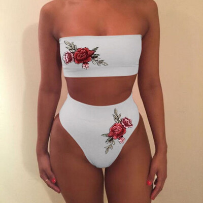 

Roseonmyhand Women Fashion Sexy Swimwear Embroidered Rose High Waist Bikini Set Bathing Suit