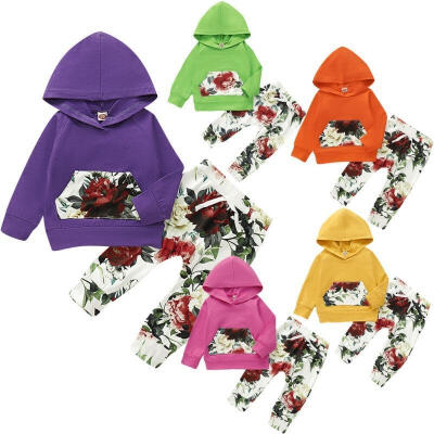 

Infant Baby Girls Fall Outftis Long Sleeve Hooded Pocket Cotton Sweatshirt Hoodies Floral Pants Legging Clothes Set 2Pcs