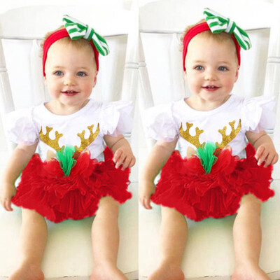 

Infant Baby Girls Short Sleeve Christmas Antlers Jumpsuit RomperSkirts Outfit