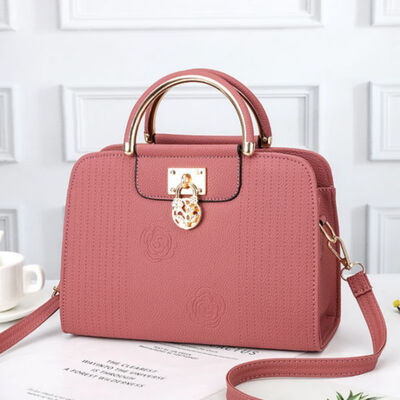 

Womens Fashion PU Leather Handbags Round Metal Handle Bas Top Quality Leather Crossbody Bags Female Elegant Solid Soulder Bags