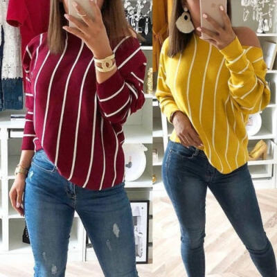 

Women Long Sleeve Sexy Off Shoulder Tops Ladies Casual Loose Striped T-Shirt Plain Blouse
