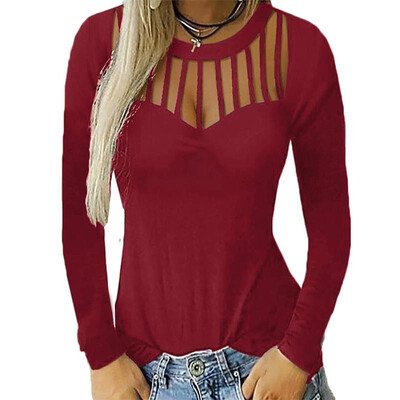 

Fashion Women Hollow Out T-shirt Long Sleeves O Neck Solid Casual Tees Casual Tops
