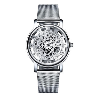 

Fashion Mens Business Watch Skeleton Hollow Reloj Hombre Quartz Wristwatch Stainless Steel Mesh Band Watches Erkek Kol Saati