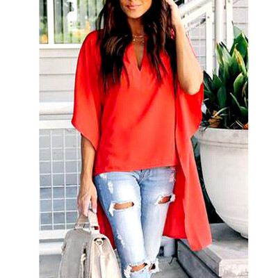 

Womens V-Neck Summer Causal Irregular Short Sleeve Long Tops Shirt Blouse