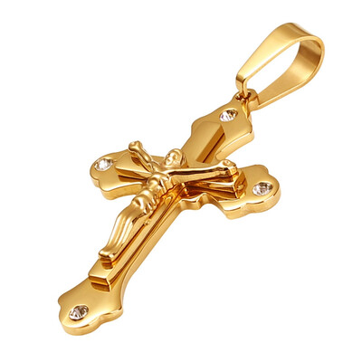

Novelty Gold Plated Cross Pendant Necklace Jesus Gold MenS Stainless Steel Diamond Christian Men Hip Hop Jewelry No Chain