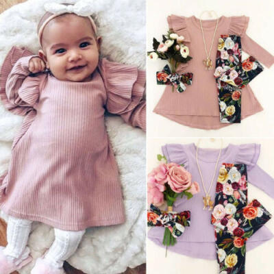 

UK Newborn Kid Baby Girl Clothes Ruffle Long Sleeve Top Flower Pants 3Pcs Outfit