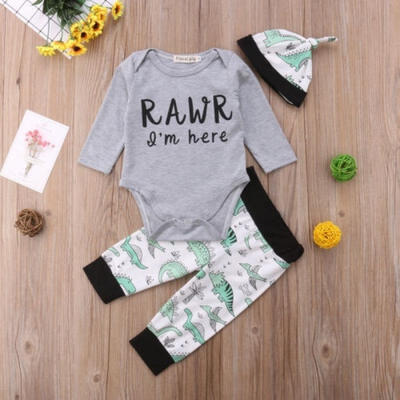 

Newborn Baby Boys Dinosaur Print Outfits Cotton Romper Long Pants Hat 3Pcs Set