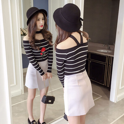 

Women Girls Korean Style Striped Embroidery Slim Thin Long-sleeve Knitted T-shirt All Code High Quality