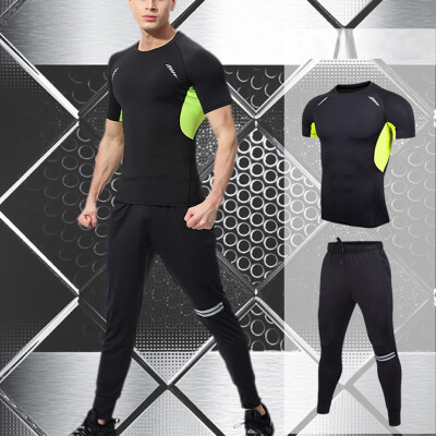 

Toponeto Mens Elastic Fitness T-shirt Fast Drying Tops Long Pants Sports Tight Suit