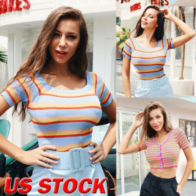 

Women Cotton Striped Basic T-shirt Short Sleeve Slim Crop Top Tank Vest Blouse