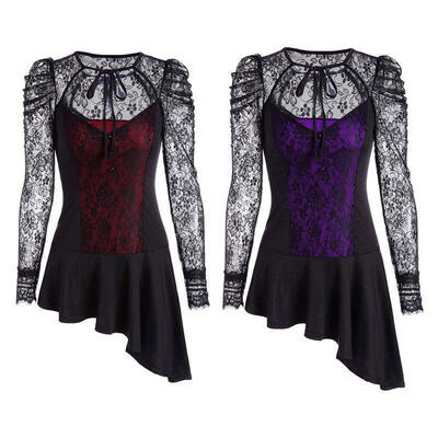 

Sexy Women Long Sleeve T-shirts Patchwork Lace Blouses Casual Solid Loose Tops