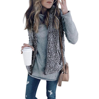 

Women Fleece Vest Stand Collar Warm Zip Up Faux Fur Waistcoat with Pockets