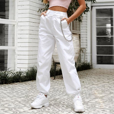 

Fashion Womens Pocket Beam Foot High Waist Casual Trousers Loose Tooling Pants