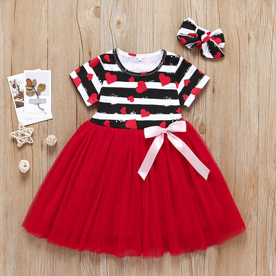 

Toddler Kid Baby Girl Heart Striped Printed Patchwork Princess Dress Clothes