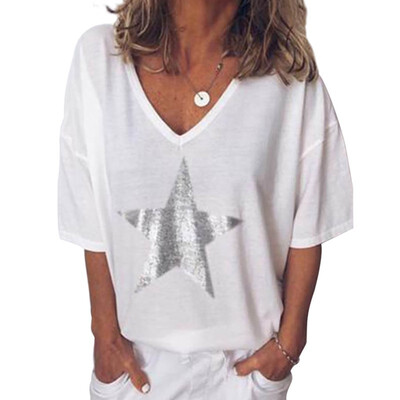 

Fashion T Shirt Women Sequins V-Neck Five-Pointed Star Print Tees Female Short Sleeve Street Ladies Plus Size