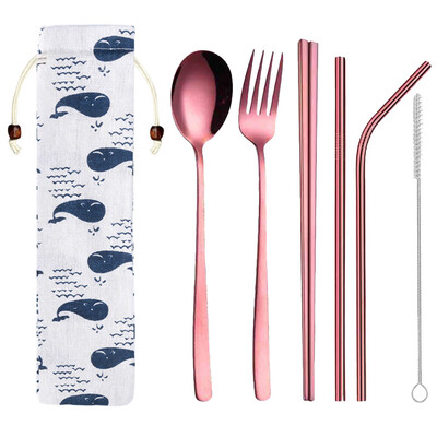 

Toponeto Stainless Steel Dinnerware Set Metal Straw Spoon Fork Chopsticks Tableware 6 Pcs