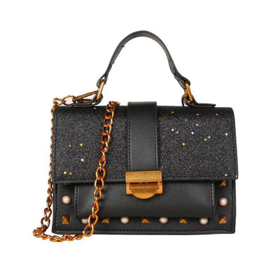 

Womens Fashion Sequined Faux Pearl Rivet Square Tote Crossbody Shoulder Bag