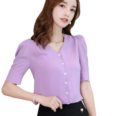 

Women V-Neck Solid Color Shirts Summer Short Sleeve Casual Top Female Button Fashion Chiffon Blouse Office Lady Shirt