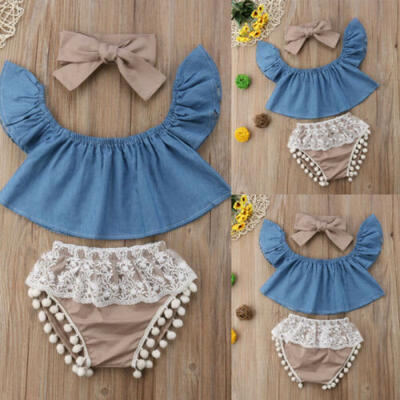 

Newborn Kids Baby Girls Denim Fly Sleeve Tops Party Lace Tutu Shorts Outfit 0-3Y