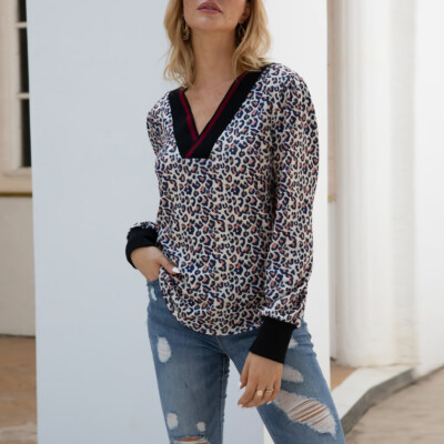 

Tailored Women V Neck Long Sleeve Leopard Print Splice Sweatshirt Casual Blouse Tops