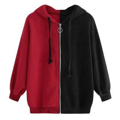 

Toponeto Women Ladys patchwork Colorblock Long Sleeve Zipper And Pocket Hooded Coat