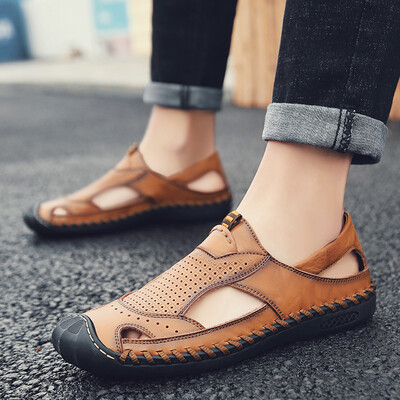 

Summer hollow hole casual shoes mens non-slip soft bottom driving shoes youth work English business leather sandals