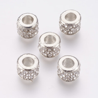 

Alloy European Beads Large Hole Beads with Rhinestone Column Platinum 9x7mm Hole 4mm