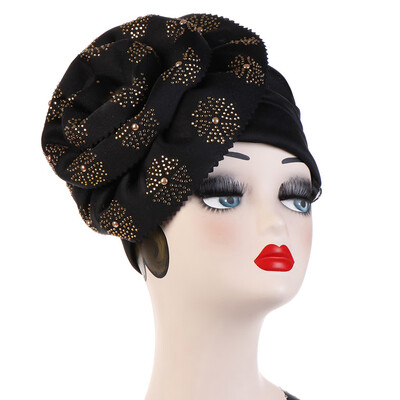

Women Floral Ruffle Turban Head Wrap Hot Drilling Flower Chemo Cap Hijab Head Scarf Hair Accessories