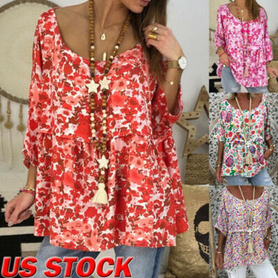 

Plus Size Women Boho Long Sleeve Blouse Baggy Tops Ladies O Neck T Shirt Retro
