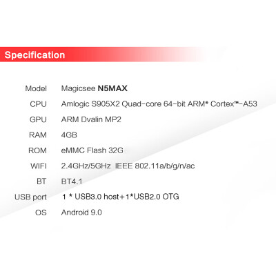 

Magicsee N5 Max Smart Android 90 TV Box S905X2 4K HDR 4GB 32GB 24G & 5G WiFi & 1000M LAN DLNA HD Media Player