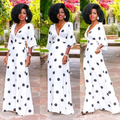 

Ladies Long Sleeve V-neck Sundress Simple Summer Polka Dot Maxi Dress