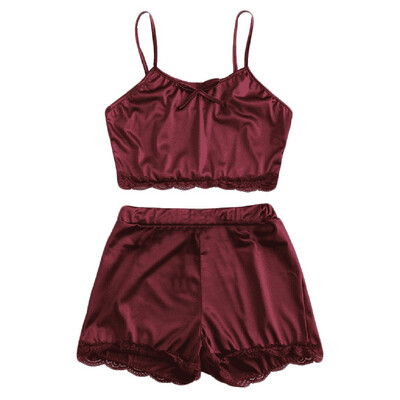 

Toponeto Women Sleepwear Sleeveless Bow Lingerie Nightwear Lace Trim Satin Top Pajama Set