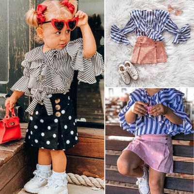 

UK Baby Girl Kid Pageant Striped Top Wave Point Print Half Skirt Dress Clothes